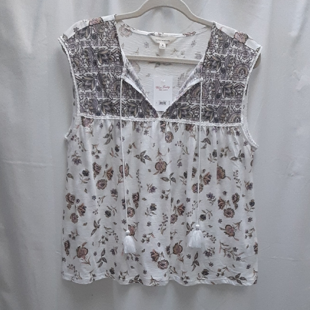 New Lucky Brand Floral White Cap Sleeve Blouse Sz M